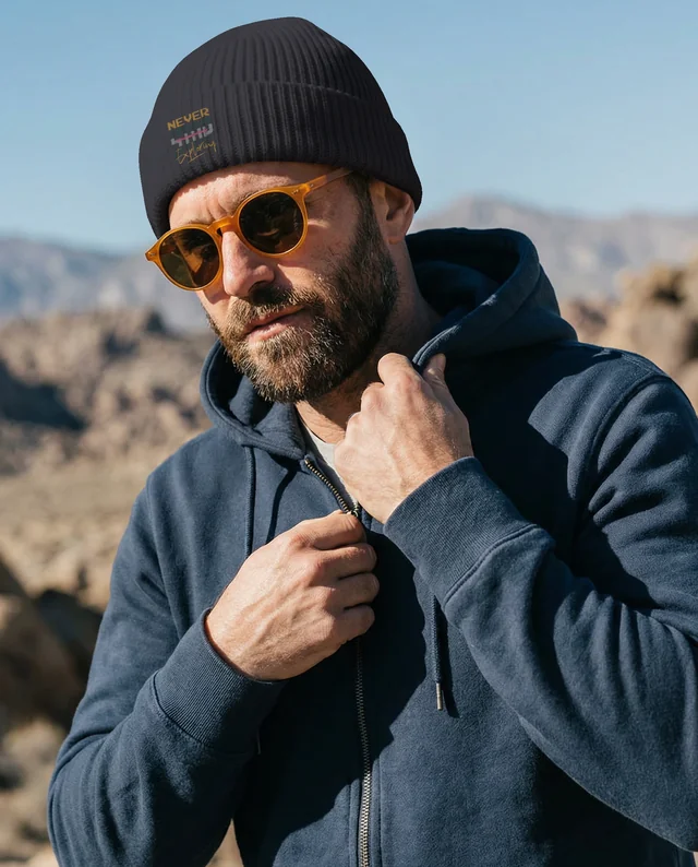 Rugged Man in Beanie Mockup Against Scenic Landscape