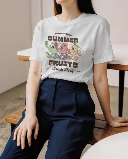 Stylish T-Shirt Mockup of a Young Woman in Minimalist Setting