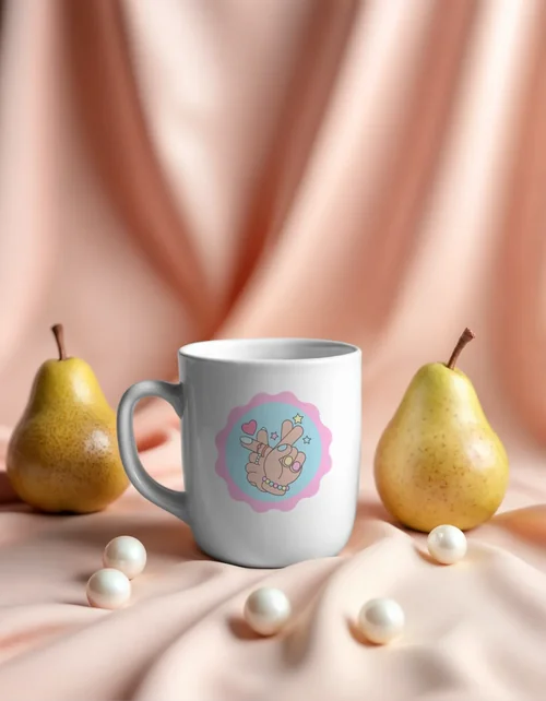 Elegant Mug Mockup with Warm Golden Pears and Blush Background