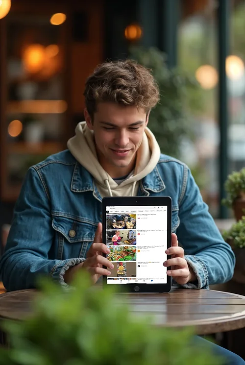 Casual iPad Mockup in Outdoor Cafe Scene - Realistic Focus