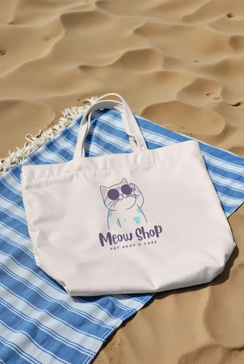 Cream Tote Bag Mockup on Striped Beach Towel | Minimalist