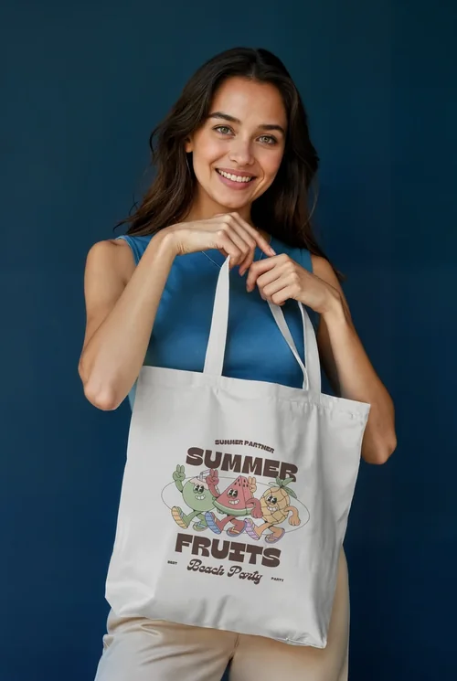 Chic Mockup of a Smiling Woman with Tote Bag