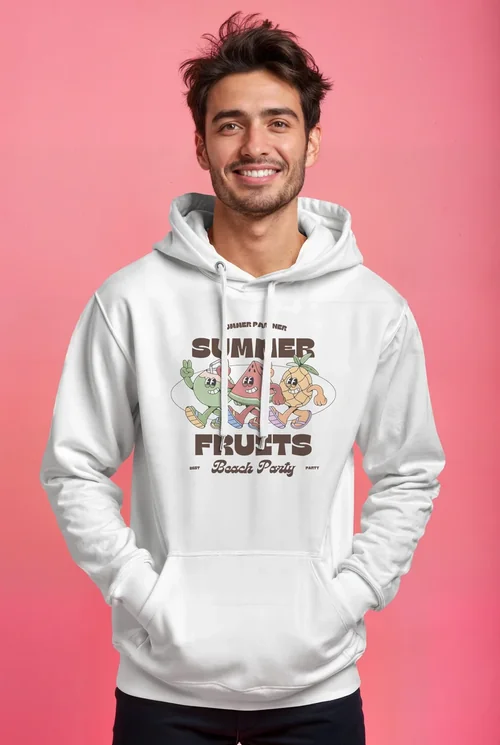 Vibrant Pink Background Hoodie Mockup with Friendly Model