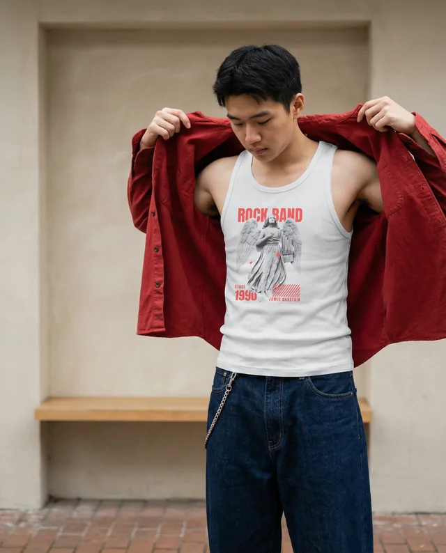 Urban Mockup of Young Man in Fitted Tank Top and Shirt