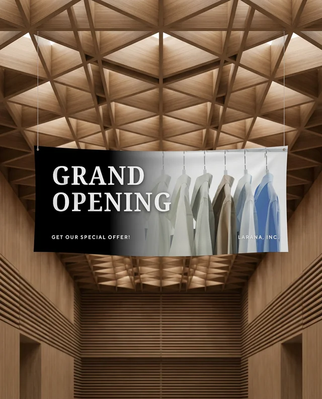 Modern Hall Interior with Geometric Wood Ceiling Banner