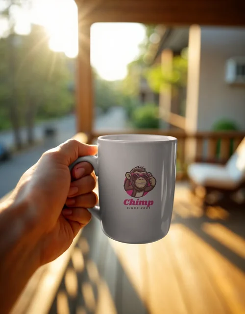 Bright Mockup Mug on Wooden Porch with Warm Background Colors