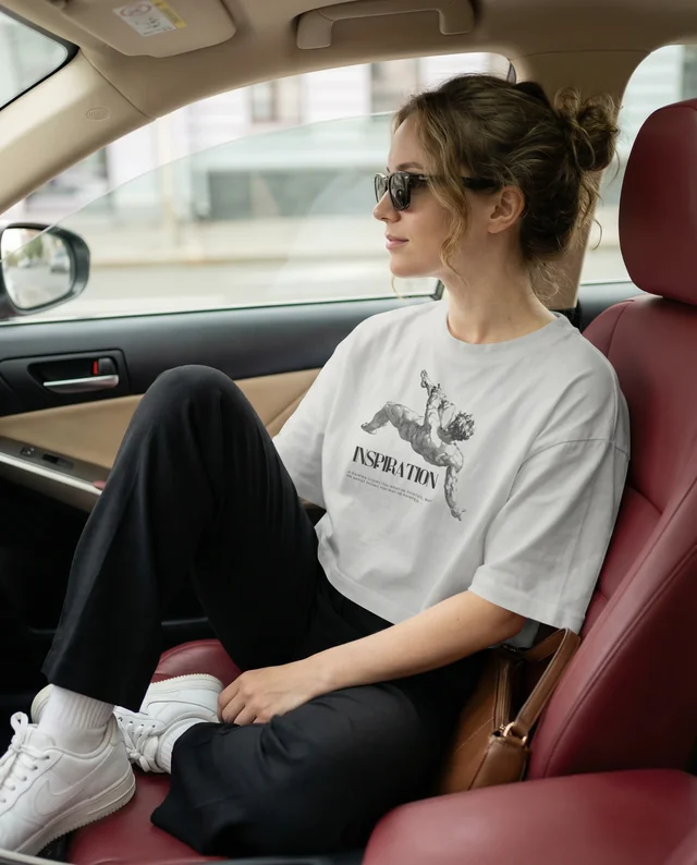 Stylish Woman in Crop Top Mockup Inside Modern Car