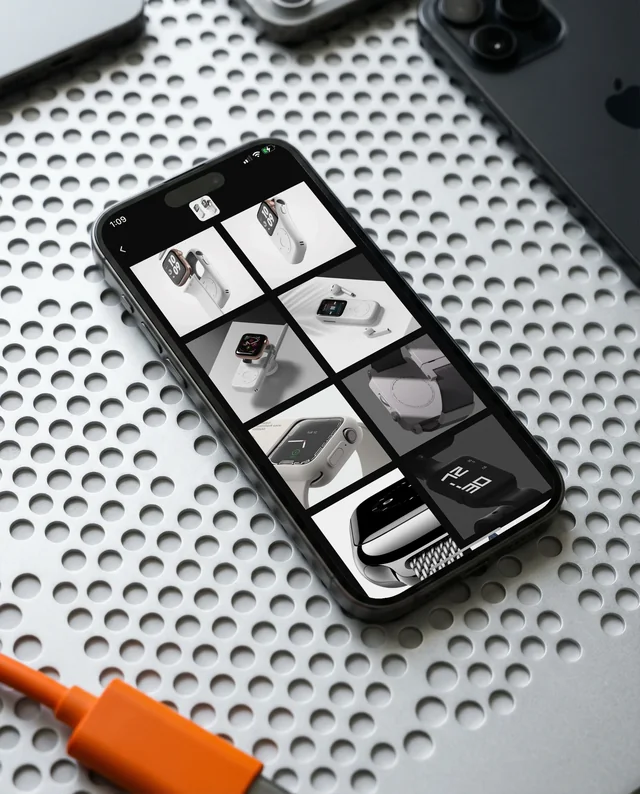 Sleek iPhone Mockup on Textured Metallic Surface