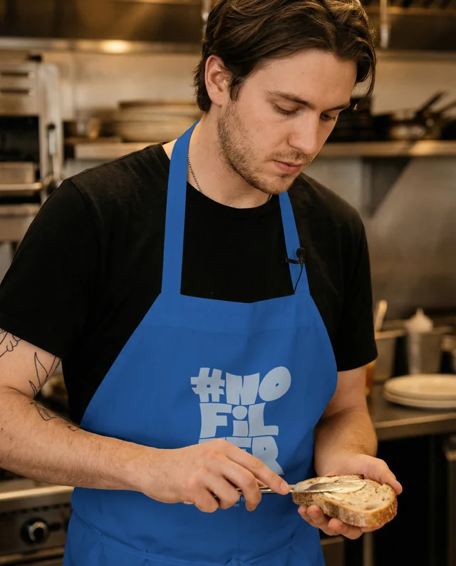 Young Chef Mockup in Modern Kitchen with Apron and Bread