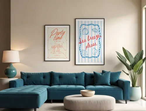 Teal Sofa Mockup with Warm Background and Colorful Decor
