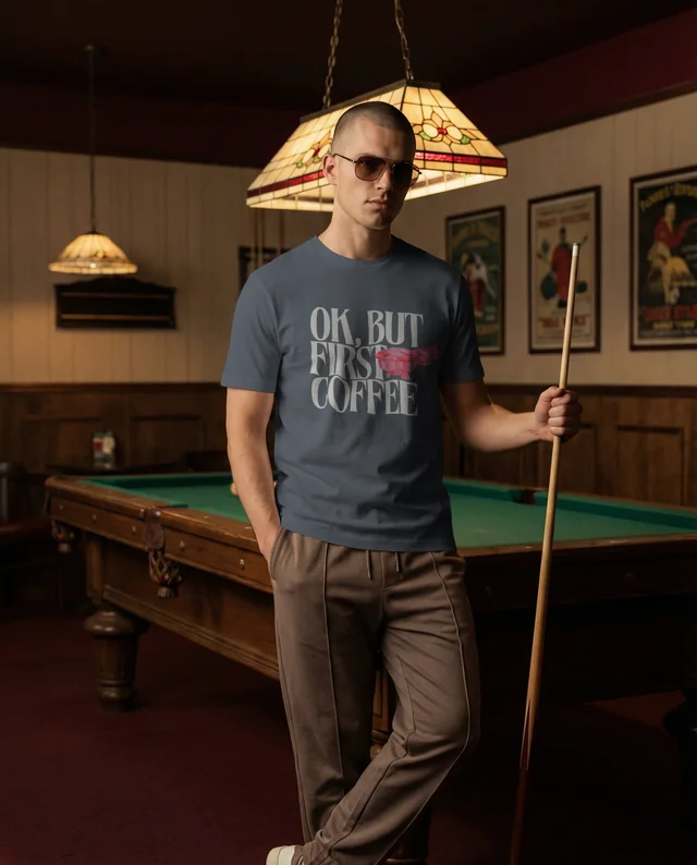 Vintage T-Shirt Mockup in a Classic Pool Hall Setting