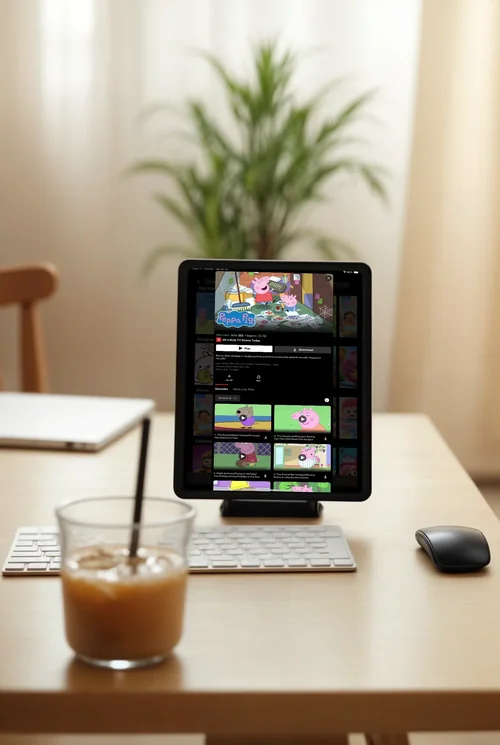 Stylish iPad Mockup on a Wooden Desk in a Home Office