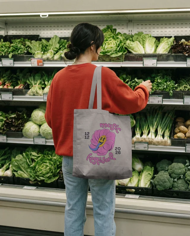Stylish Mockup of a Tote Bag in a Grocery Store