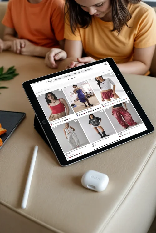 Black iPad Pro Mockup on Beige Couch with Children