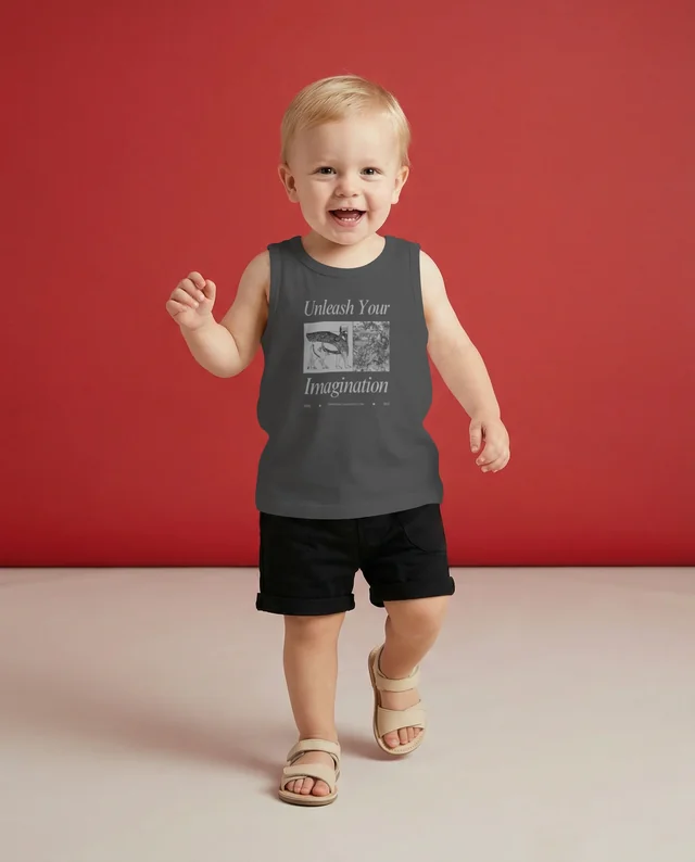 Joyful Toddler in White Tank Top Mockup Against Red Background