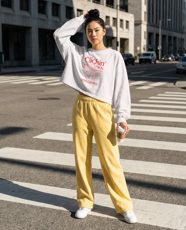 Stylish Young Woman in Mockup Crop Top on City Street