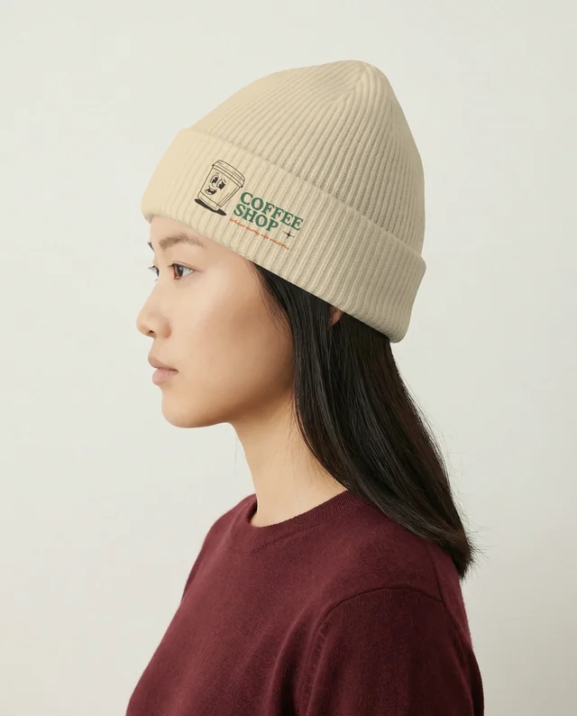 Serene Young Woman in Profile with Ribbed White Beanie Mockup