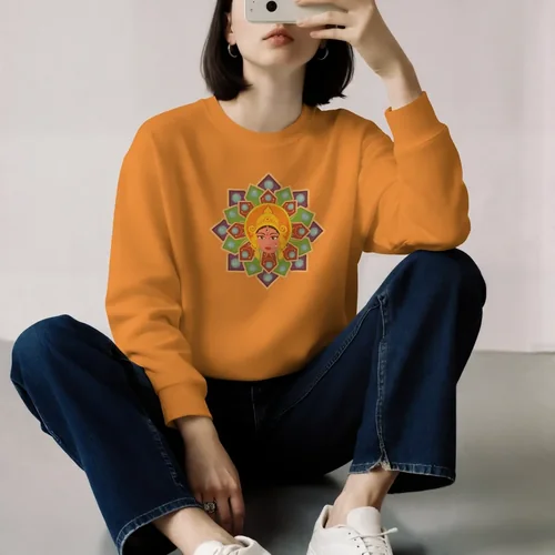 Cozy Sweatshirt Mockup of a Young Woman Taking a Selfie