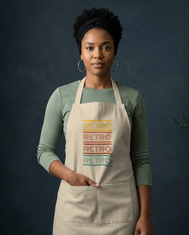 Confident Woman in White Apron Mockup in Modern Kitchen