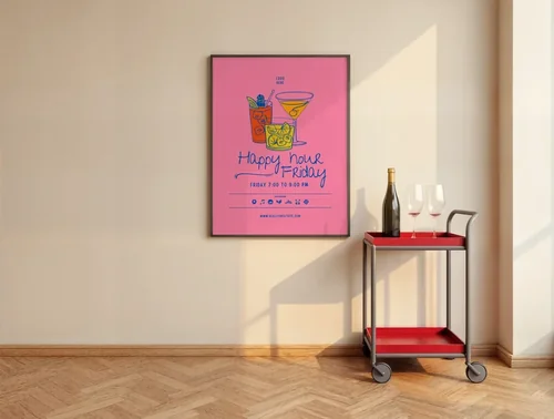 Mockup Poster with Bold Red Bar Cart and Warm Beige Background