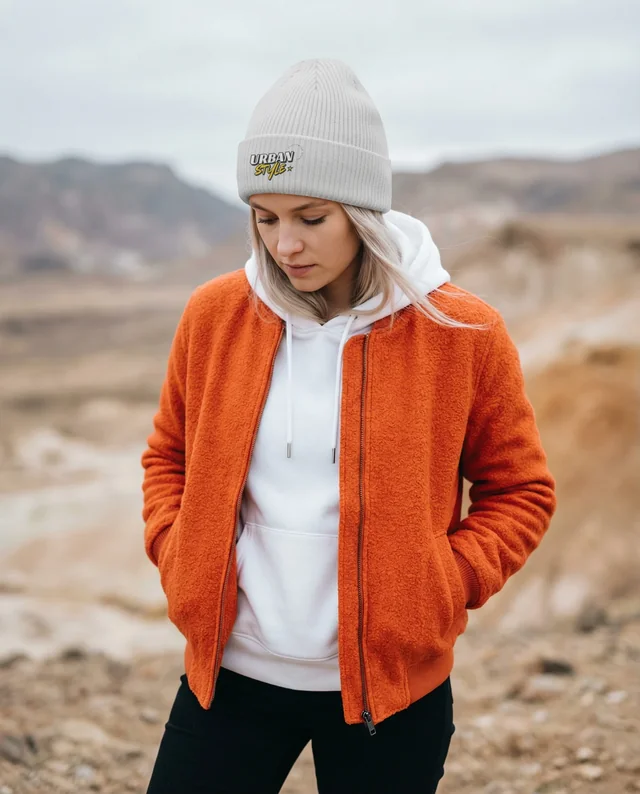 Young Woman in Cozy Beanie Mockup in Nature Setting