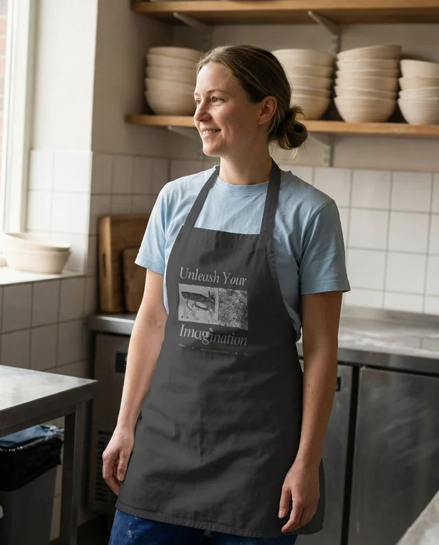 Smiling Woman in Modern Kitchen with Apron Mockup