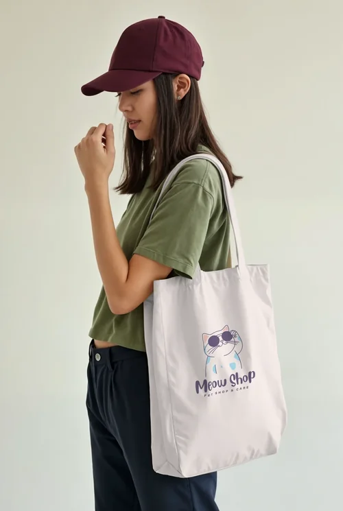 Stylish Mockup of a Tote Bag in Casual Fashion Setting