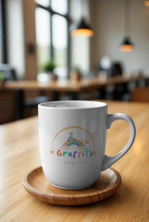 Minimalist Mug Mockup with Warm Wooden Background Colors