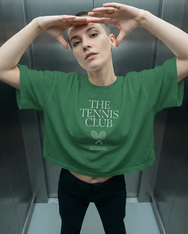 Confident Woman in Crop Top Mockup in Modern Elevator