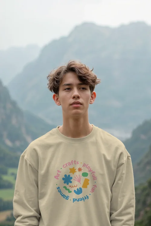 Mockup of a Young Man in a White Sweatshirt