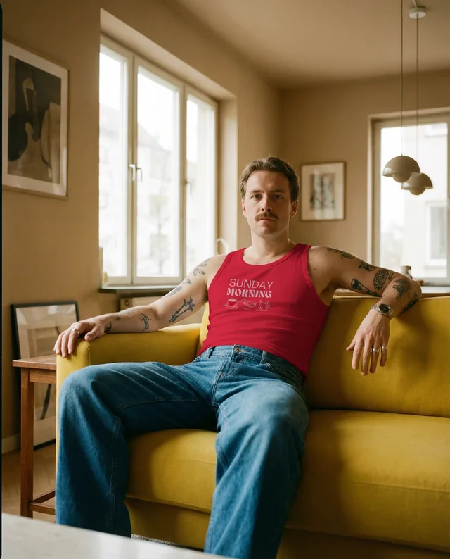 Casual Young Man in White Tank Top on Yellow Sofa Mockup