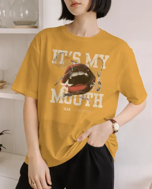 Stylish T-Shirt Mockup of Young Woman in Modern Interior