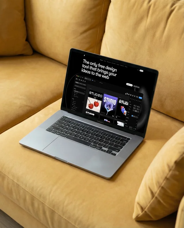 Stylish MacBook Mockup on Cozy Yellow Sofa