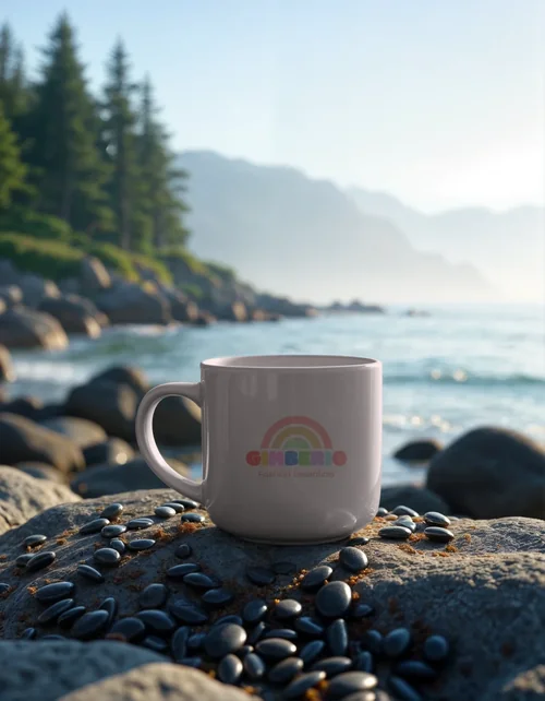 Tranquil Coastal Mockup Mug with Blue Sky and Green Trees