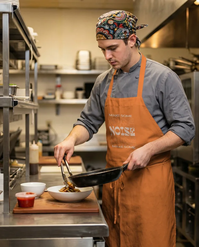 Young Chef Mockup in Kitchen with White Apron and Bandana