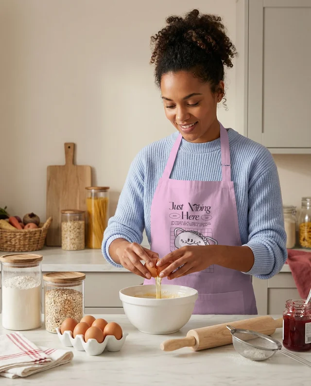 Cheerful Woman Cracking Eggs in Cozy Kitchen Mockup