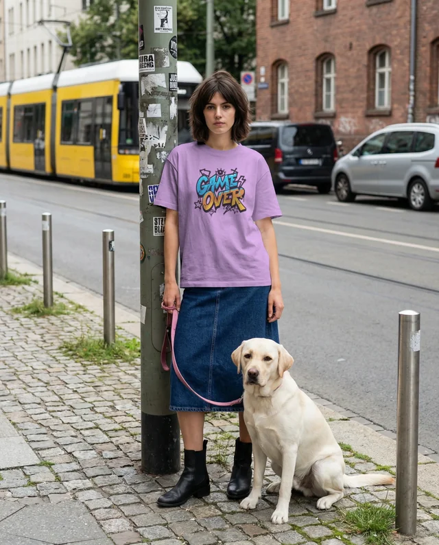 Urban T-Shirt Mockup with Young Woman and Dog