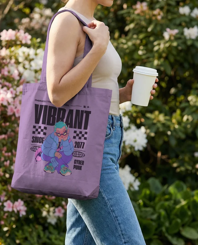 Vibrant Mockup of Young Woman with Tote Bag in Nature
