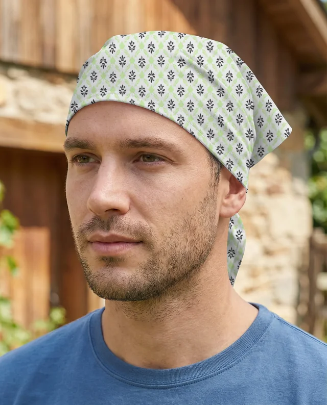 Thoughtful Young Man in Blue Shirt and White Bandana Mockup
