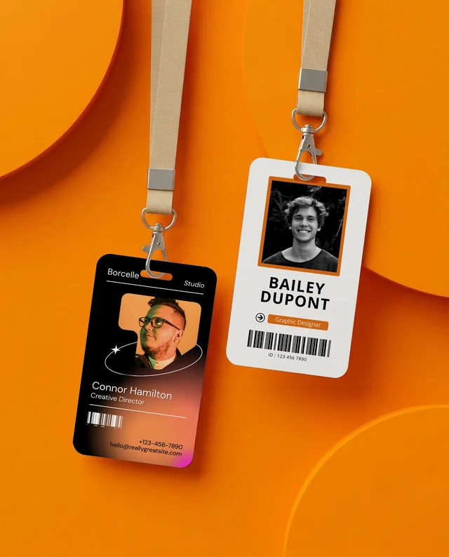 Modern ID Card Mockup with Beige Lanyards on Orange Background