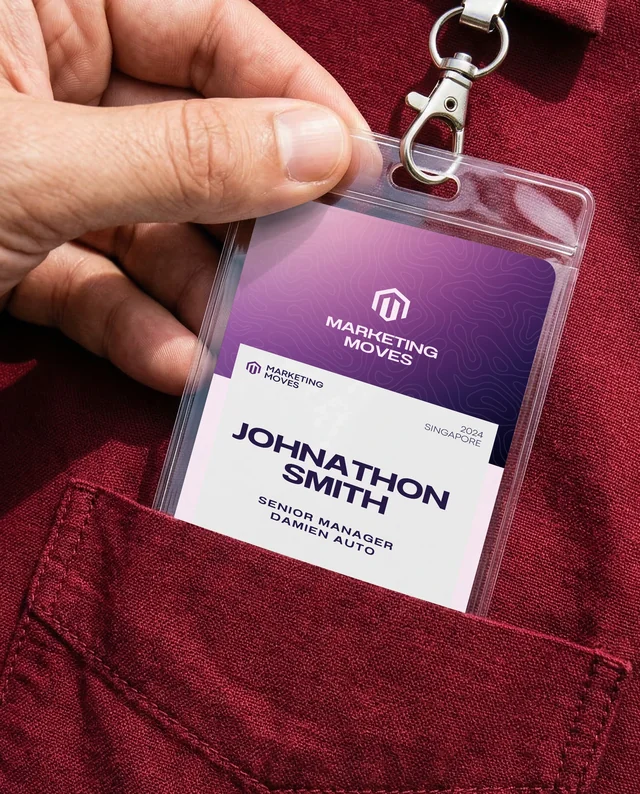 Close-Up Mockup of ID Card Held in Hand by Burgundy Shirt