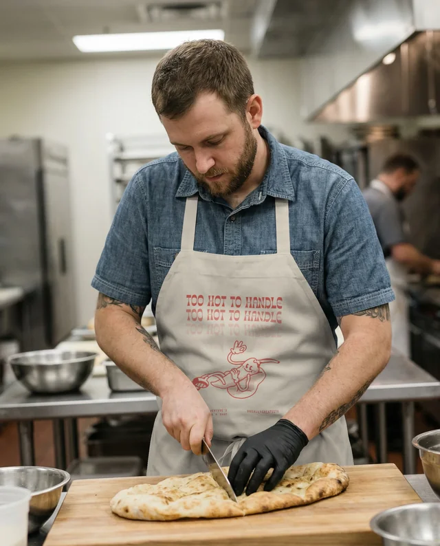 Focused Chef in Apron Slicing Flatbread Mockup