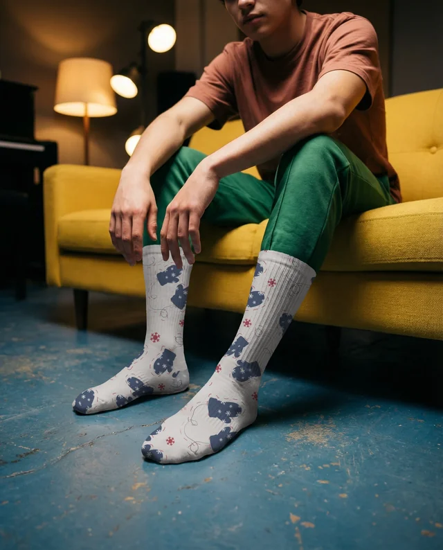 Casual Young Man in Knee-High Socks Mockup on Couch