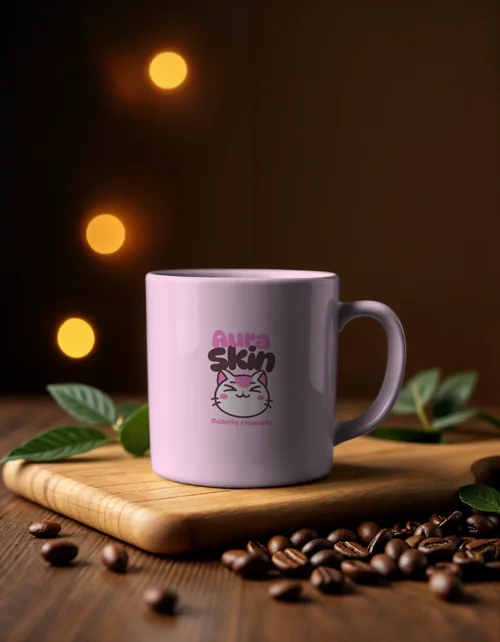 Warm Brown Mockup Mug with Cozy Background and Lights