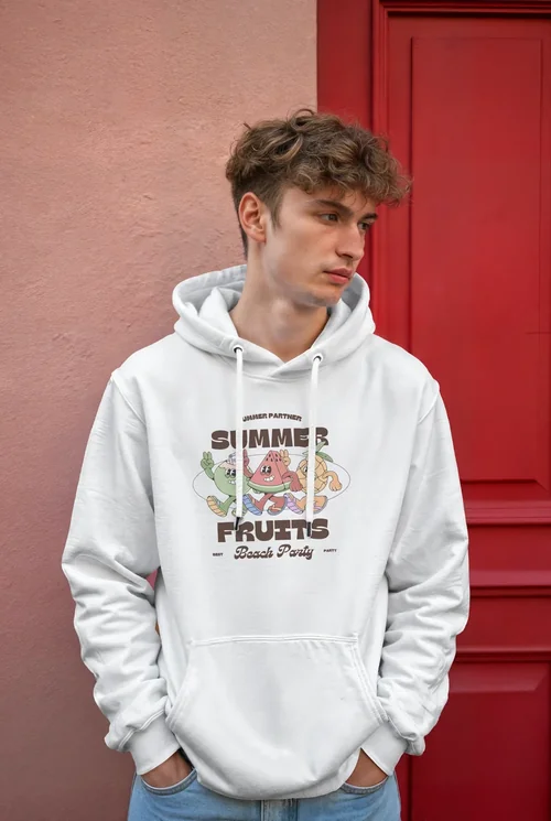 Stylish Hoodie Mockup with Soft Pink Background and Red Door