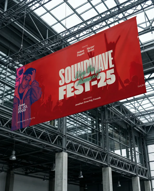 Large Empty White Banner Mockup in Modern Industrial Space