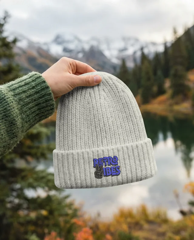 Cozy Knit Beanie Mockup in Autumn Landscape Setting