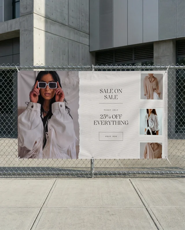 Blank White Banner Mockup on Urban Chain-Link Fence