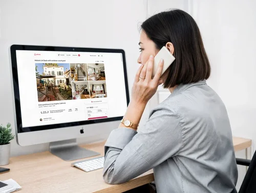 Modern Office Mockup with iMac and Professional Woman