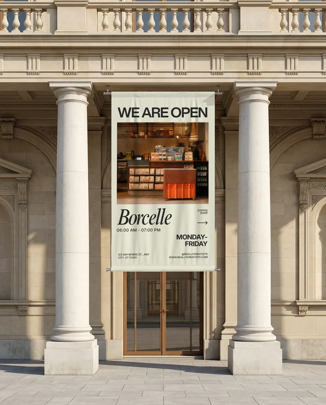 Elegant Architectural Facade with Banner Mockup Display